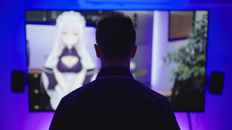 Male person silhouette watch anime vtuber stream on big television screen
